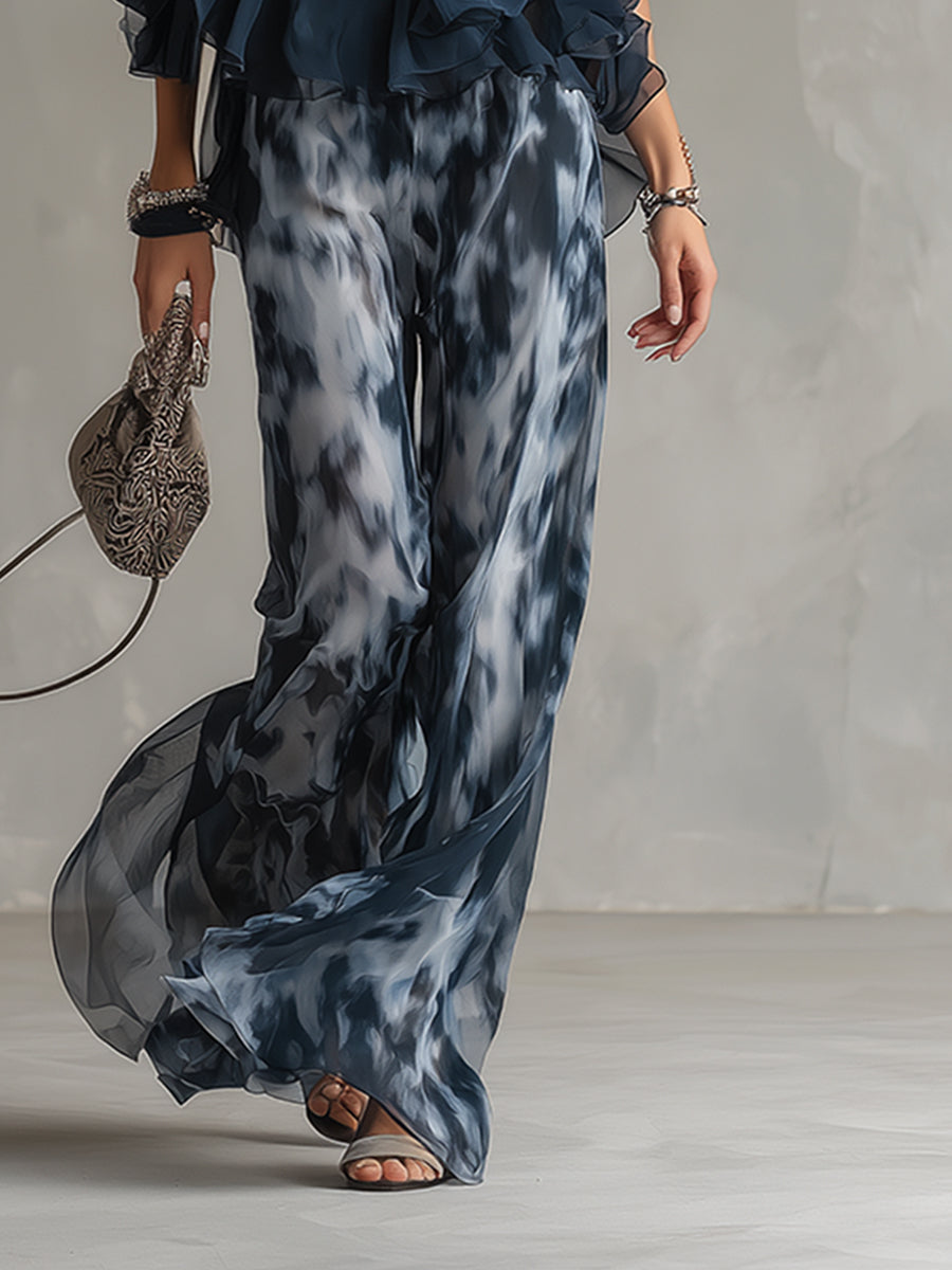 Luna | Sofisticado conjunto de gasa con top de cuello alto y pantalón palazzo estampado