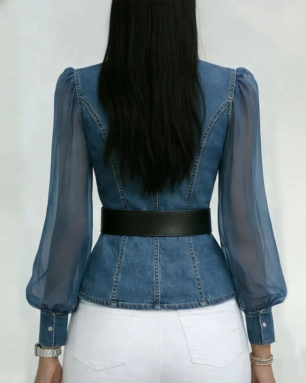 Alexia | Elegante top vaquero con mangas de gasa ligera