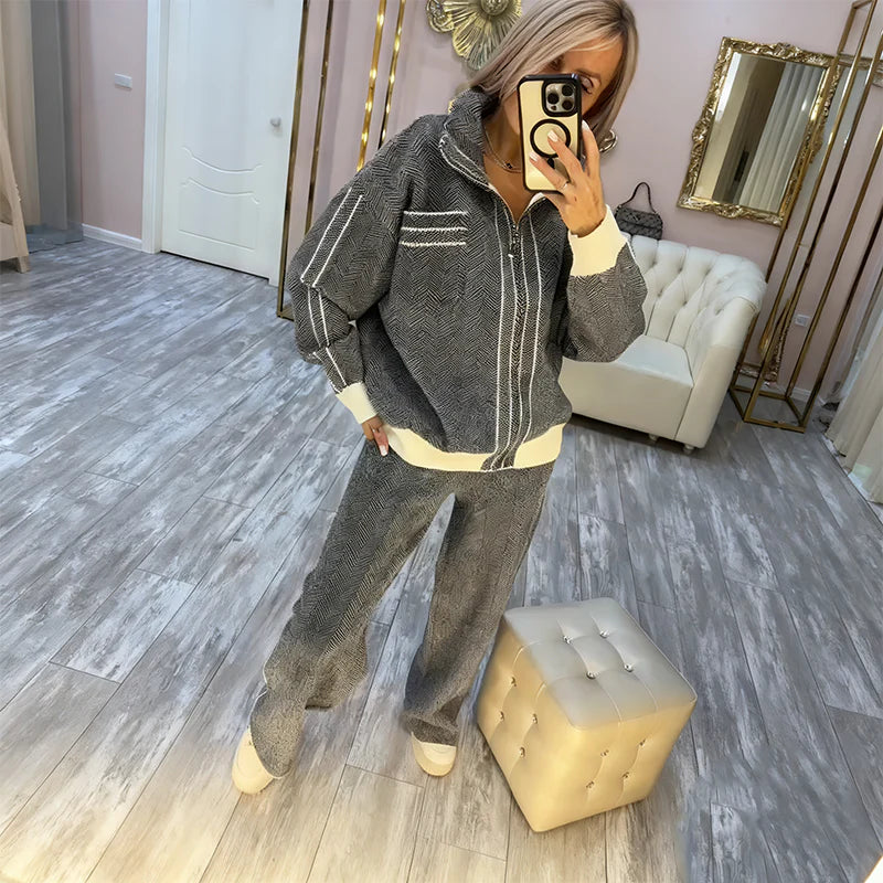 Conjunto de Punto Gris de Lujo con Patrón en Zigzag