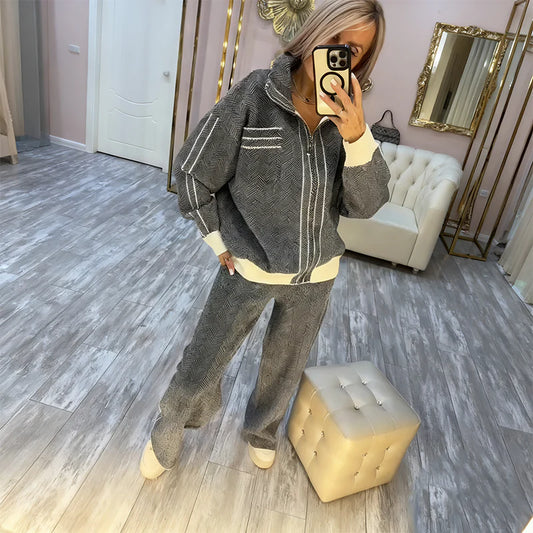 Conjunto de Punto Gris de Lujo con Patrón en Zigzag