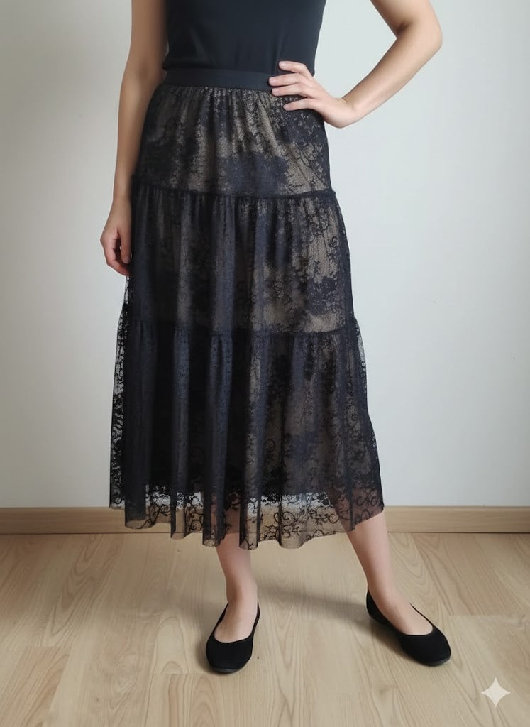 Falda Maxi A-Line Casual de Encaje Transparente , Cintura Alta y Holgado