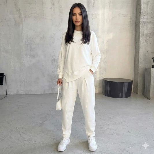 Conjunto de sudadera de manga larga con bajo irregular y pantalones para mujer