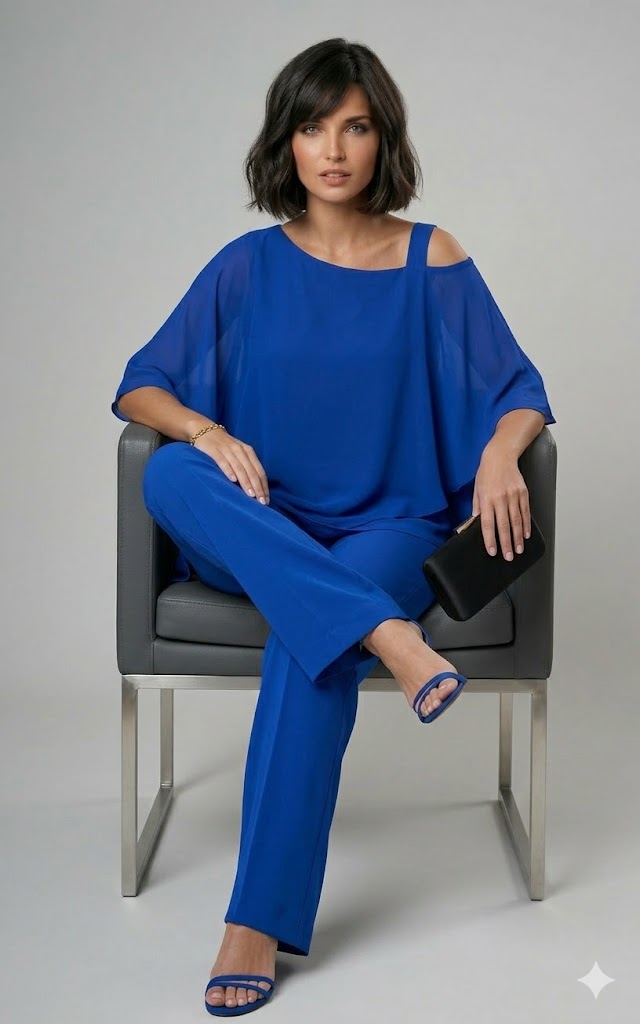 Conjunto de dos piezas con blusa asimétrica y pantalón recto