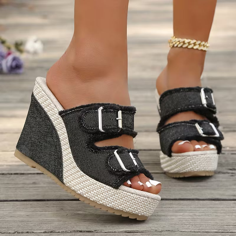 Elara Sandalias de Cuña Denim con Estilo Elegante