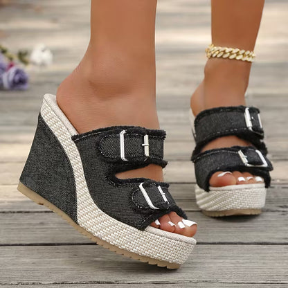 Elara Sandalias de Cuña Denim con Estilo Elegante