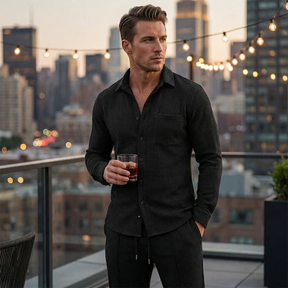 Conjunto de 2 piezas para hombre con tejido tipo gofre: cómodo, transpirable y con un estilo versátil