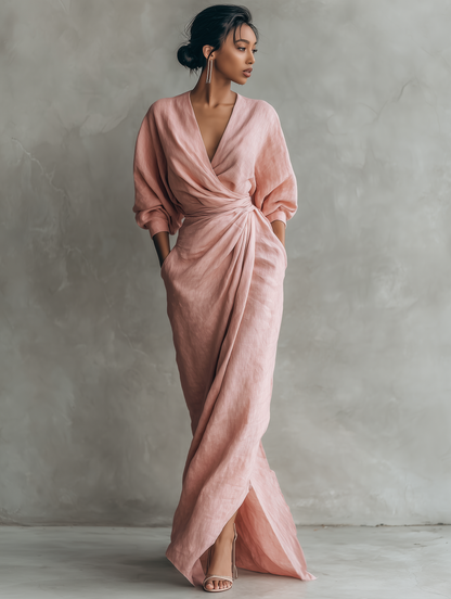 JILL - Vestido Maxi de Lino con Elegante Escote en V