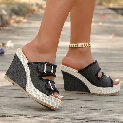 Elara Sandalias de Cuña Denim con Estilo Elegante