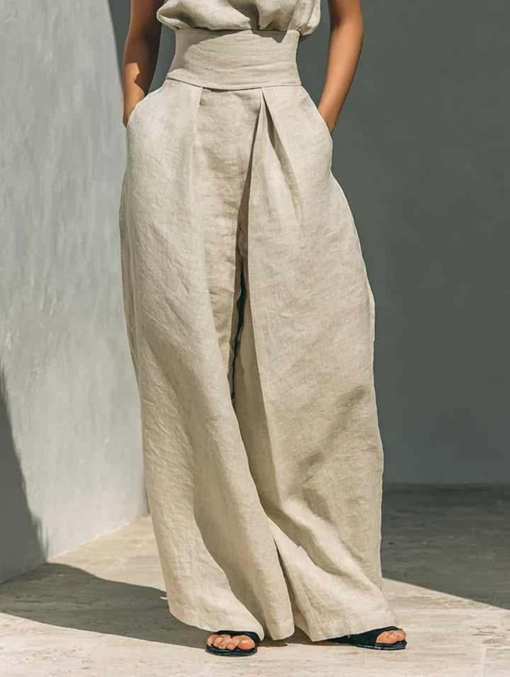 Flor™ | Elegante conjunto de blusa sin mangas y pantalón ancho de lino y algodón