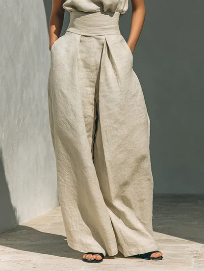 Flor™ | Elegante conjunto de blusa sin mangas y pantalón ancho de lino y algodón