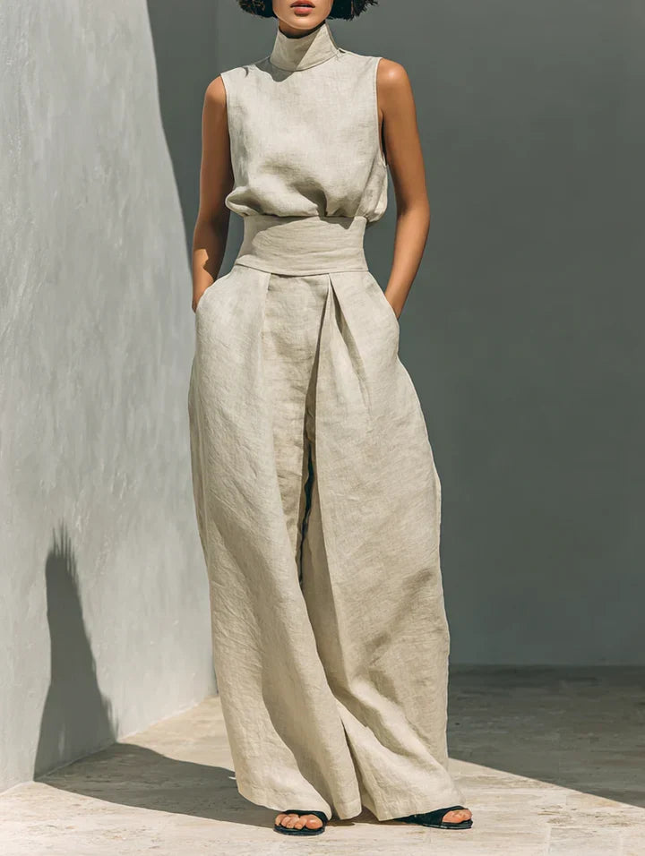 Flor™ | Elegante conjunto de blusa sin mangas y pantalón ancho de lino y algodón