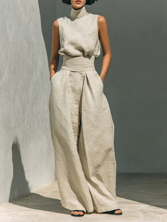 Flor™ | Elegante conjunto de blusa sin mangas y pantalón ancho de lino y algodón