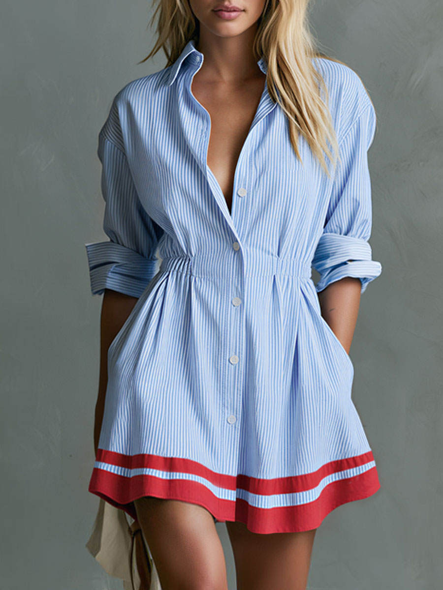MARINA | Vestido camisero corto de rayas con elegante ribete marinero