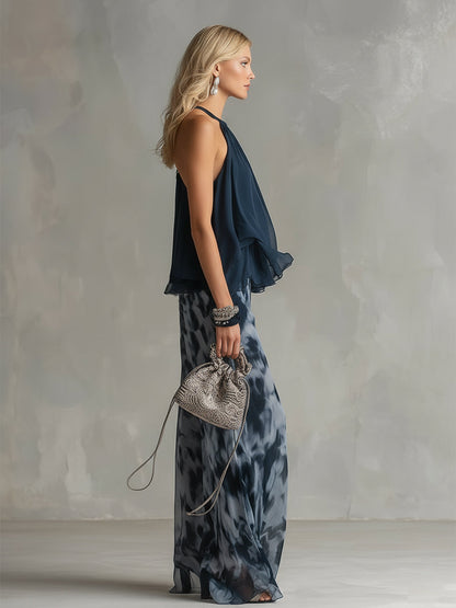 Luna | Sofisticado conjunto de gasa con top de cuello alto y pantalón palazzo estampado