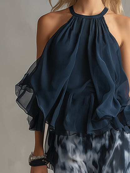 Luna | Sofisticado conjunto de gasa con top de cuello alto y pantalón palazzo estampado