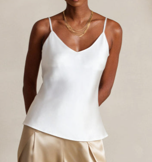 Top camisola con cuello en V, tirantes finos y seda pura