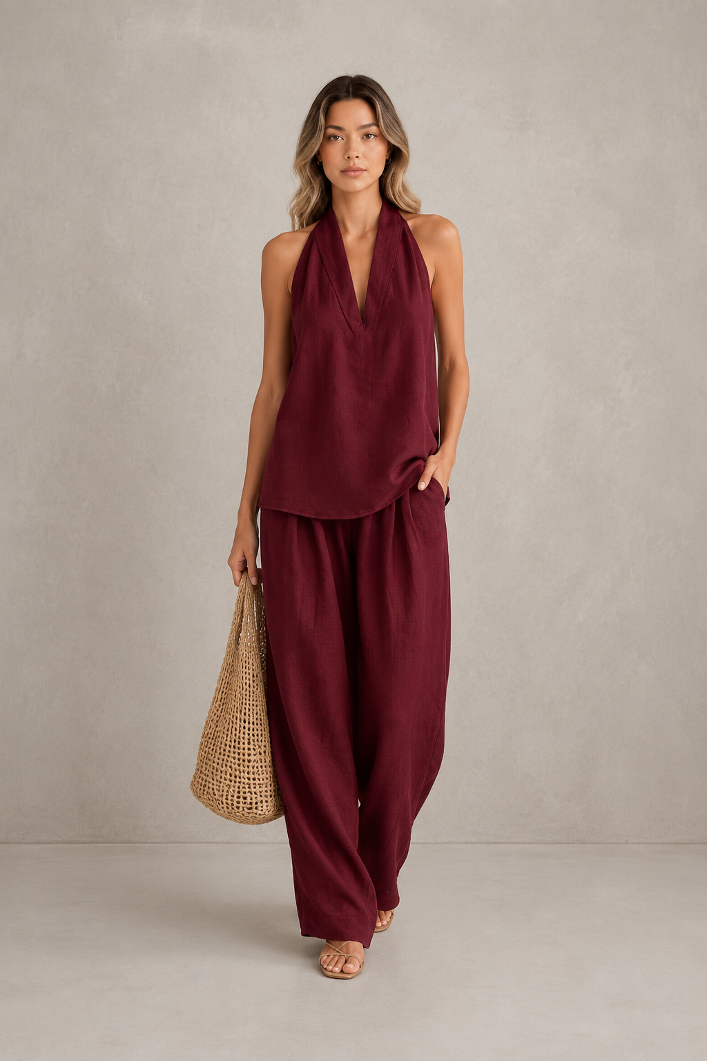 AINHOA - Elegante conjunto de dos piezas con textura de lino