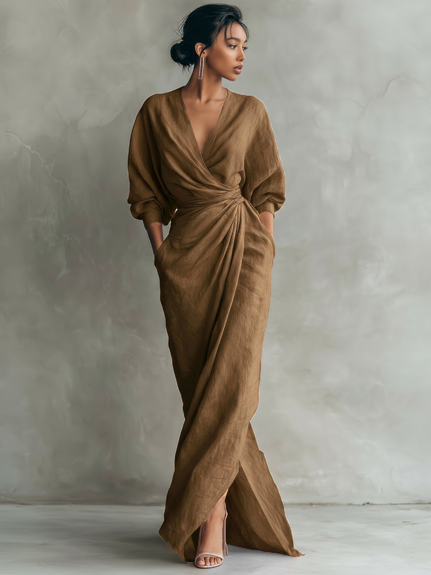 JILL - Vestido Maxi de Lino con Elegante Escote en V