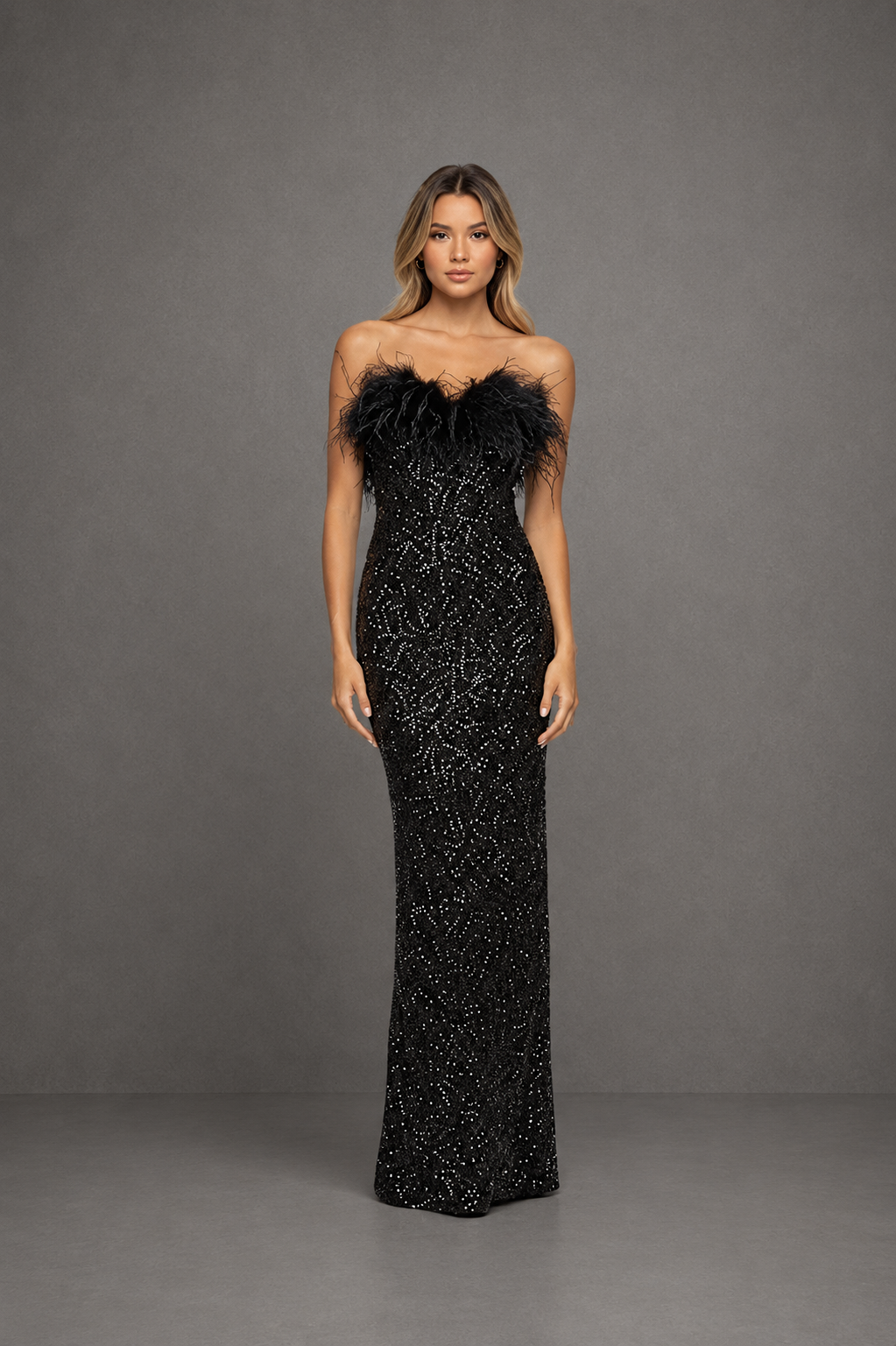 ISADORA - Vestido Maxi Glamuroso de Lentejuelas y Plumas