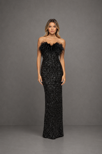 ISADORA - Vestido Maxi Glamuroso de Lentejuelas y Plumas