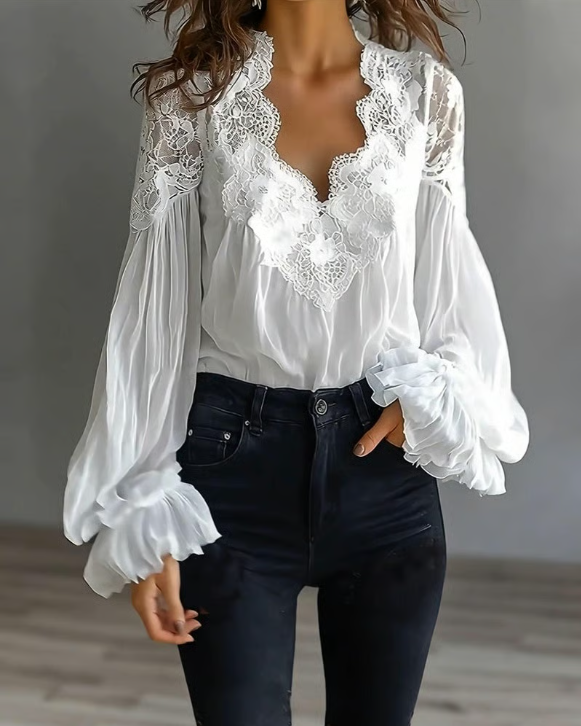 Eva | Blusa romántica con encaje floral y mangas abullonadas