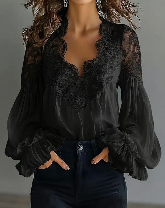 Eva | Blusa romántica con encaje floral y mangas abullonadas