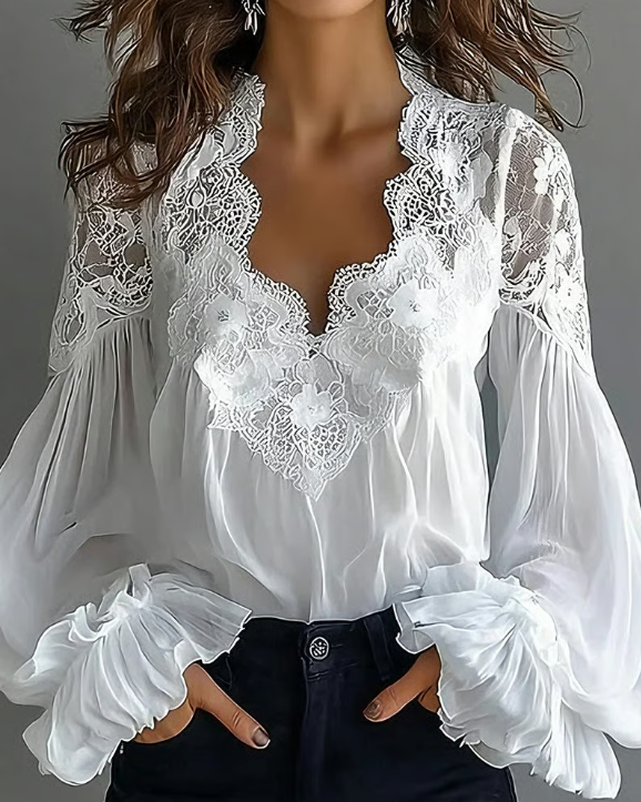 Eva | Blusa romántica con encaje floral y mangas abullonadas