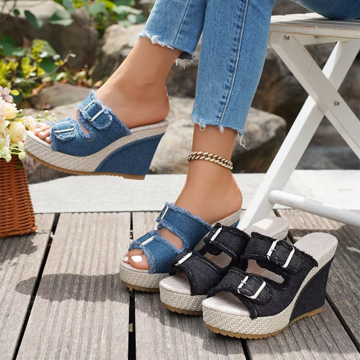 Elara Sandalias de Cuña Denim con Estilo Elegante