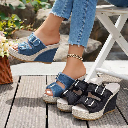 Elara Sandalias de Cuña Denim con Estilo Elegante
