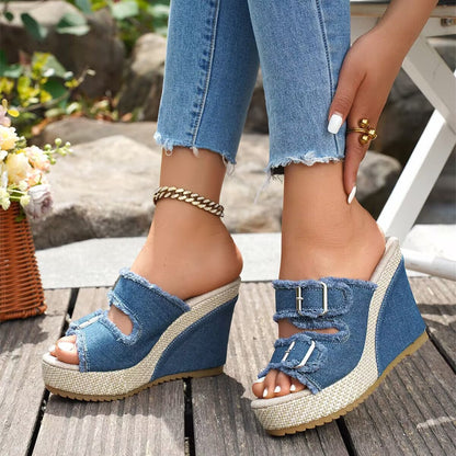 Elara Sandalias de Cuña Denim con Estilo Elegante