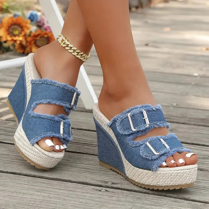 Elara Sandalias de Cuña Denim con Estilo Elegante