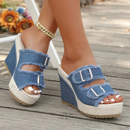 Elara Sandalias de Cuña Denim con Estilo Elegante