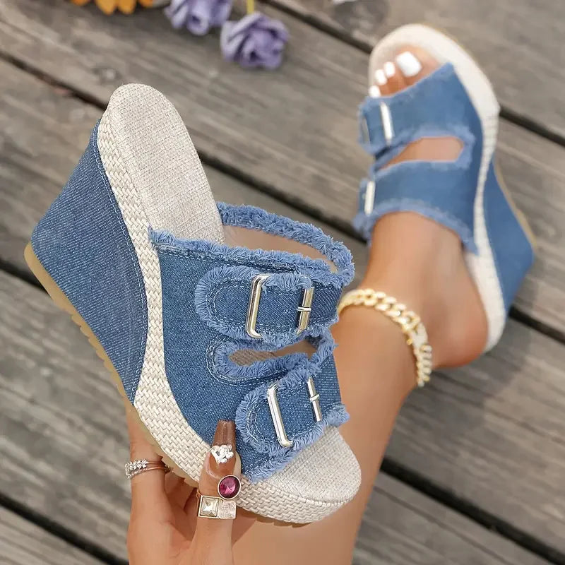 Elara Sandalias de Cuña Denim con Estilo Elegante
