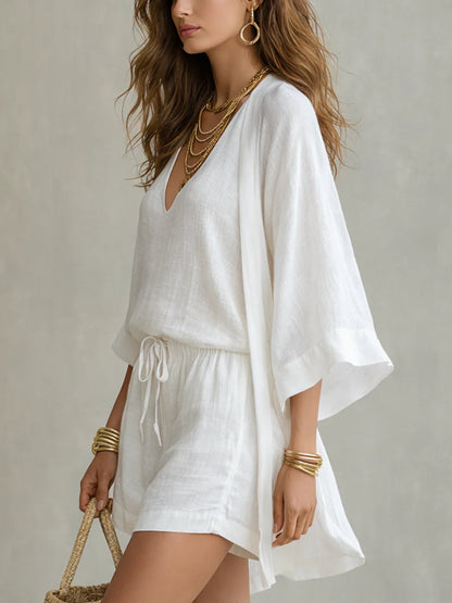 Carla | Elegante conjunto de 3 piezas con cárdigan holgado y shorts ajustables con cordón