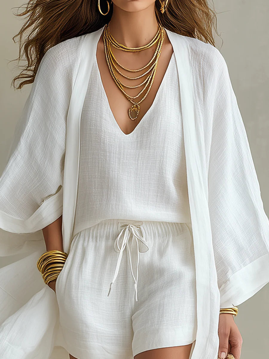 Carla | Elegante conjunto de 3 piezas con cárdigan holgado y shorts ajustables con cordón