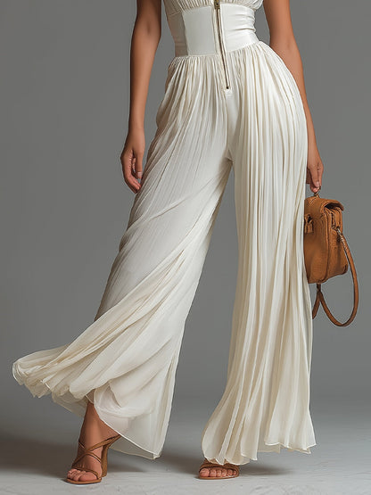 Renata | Elegante mono blanco de gasa con escote en V, diseño sin mangas y pernera ancha