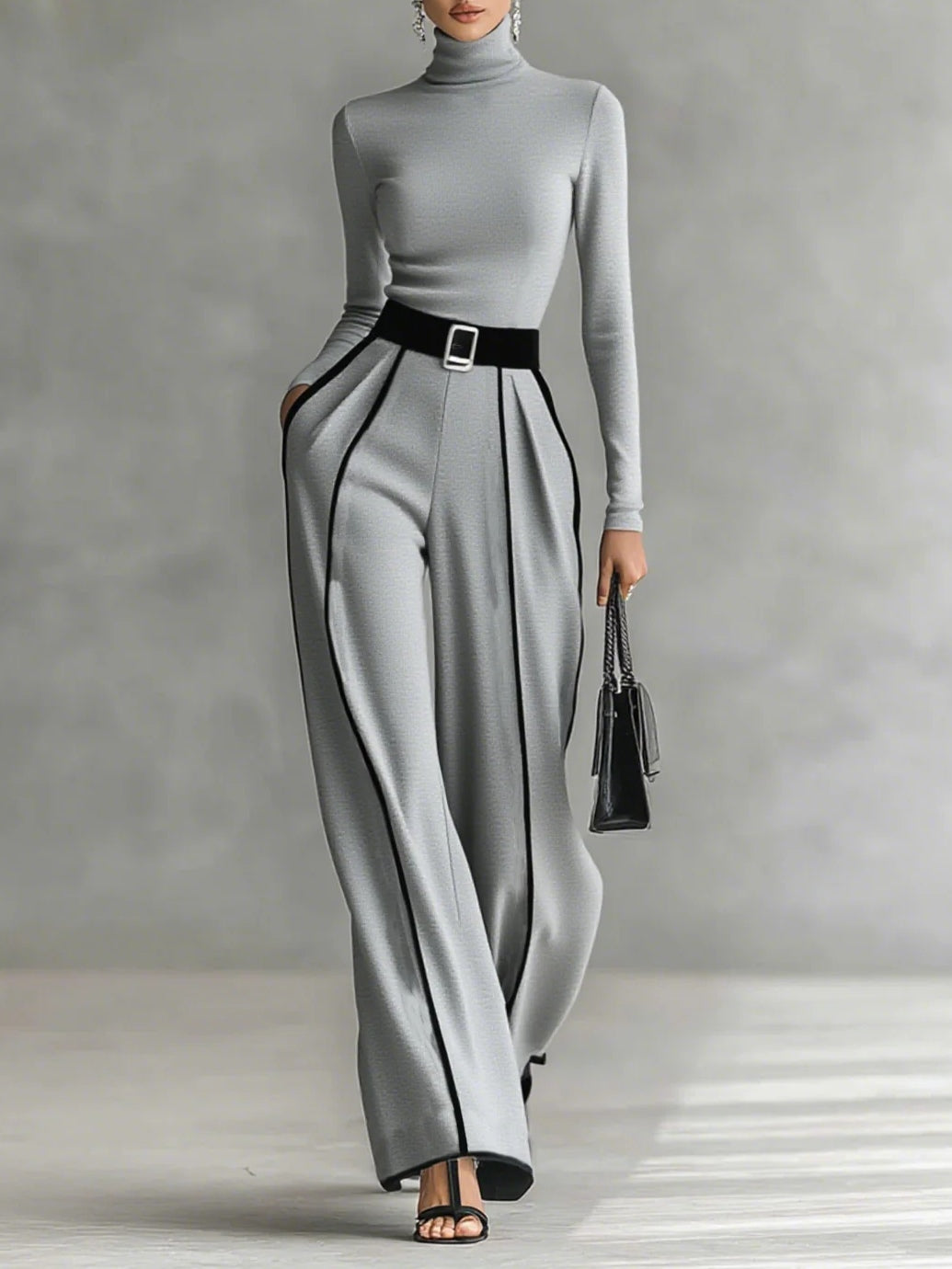 Renata™ | Elegante conjunto de top de cuello alto y manga larga con pantalón de pierna ancha y cinturón incluido