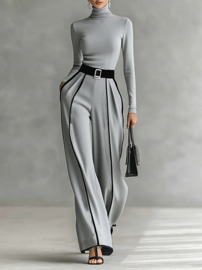 Renata™ | Elegante conjunto de top de cuello alto y manga larga con pantalón de pierna ancha y cinturón incluido