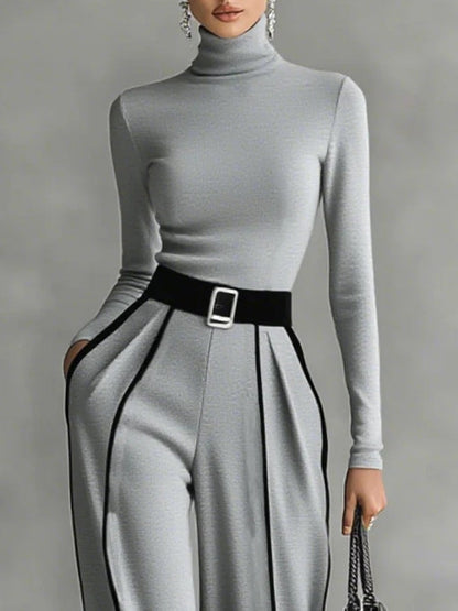 Renata™ | Elegante conjunto de top de cuello alto y manga larga con pantalón de pierna ancha y cinturón incluido