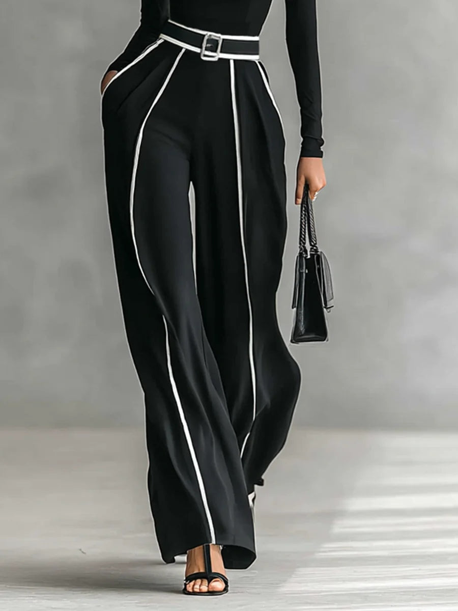 Renata™ | Elegante conjunto de top de cuello alto y manga larga con pantalón de pierna ancha y cinturón incluido