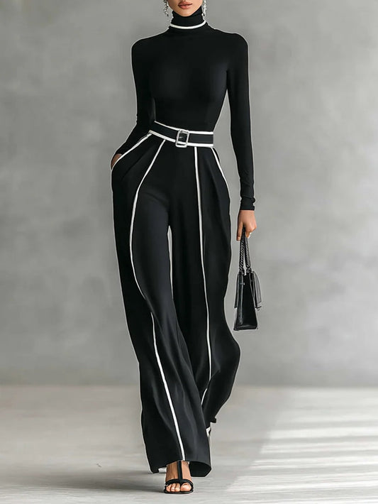 Renata™ | Elegante conjunto de top de cuello alto y manga larga con pantalón de pierna ancha y cinturón incluido