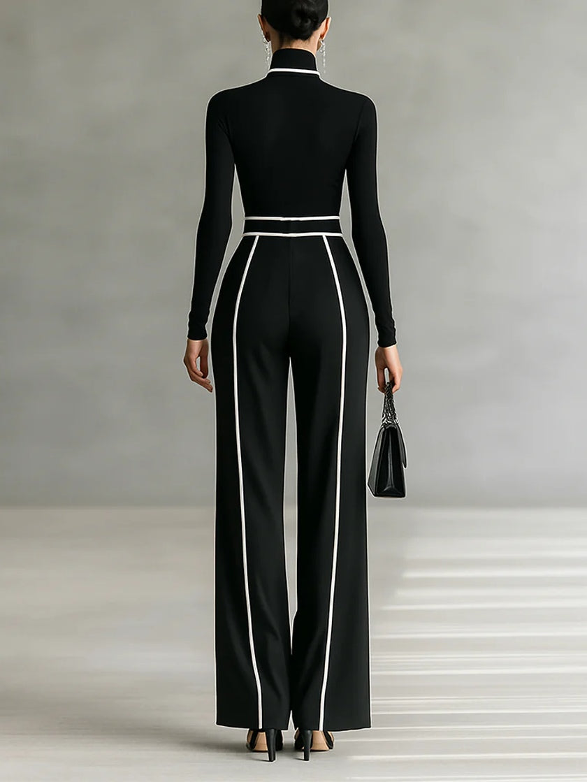 Renata™ | Elegante conjunto de top de cuello alto y manga larga con pantalón de pierna ancha y cinturón incluido