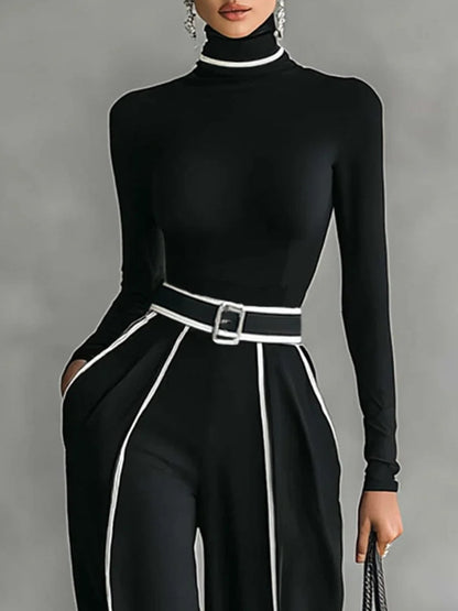 Renata™ | Elegante conjunto de top de cuello alto y manga larga con pantalón de pierna ancha y cinturón incluido