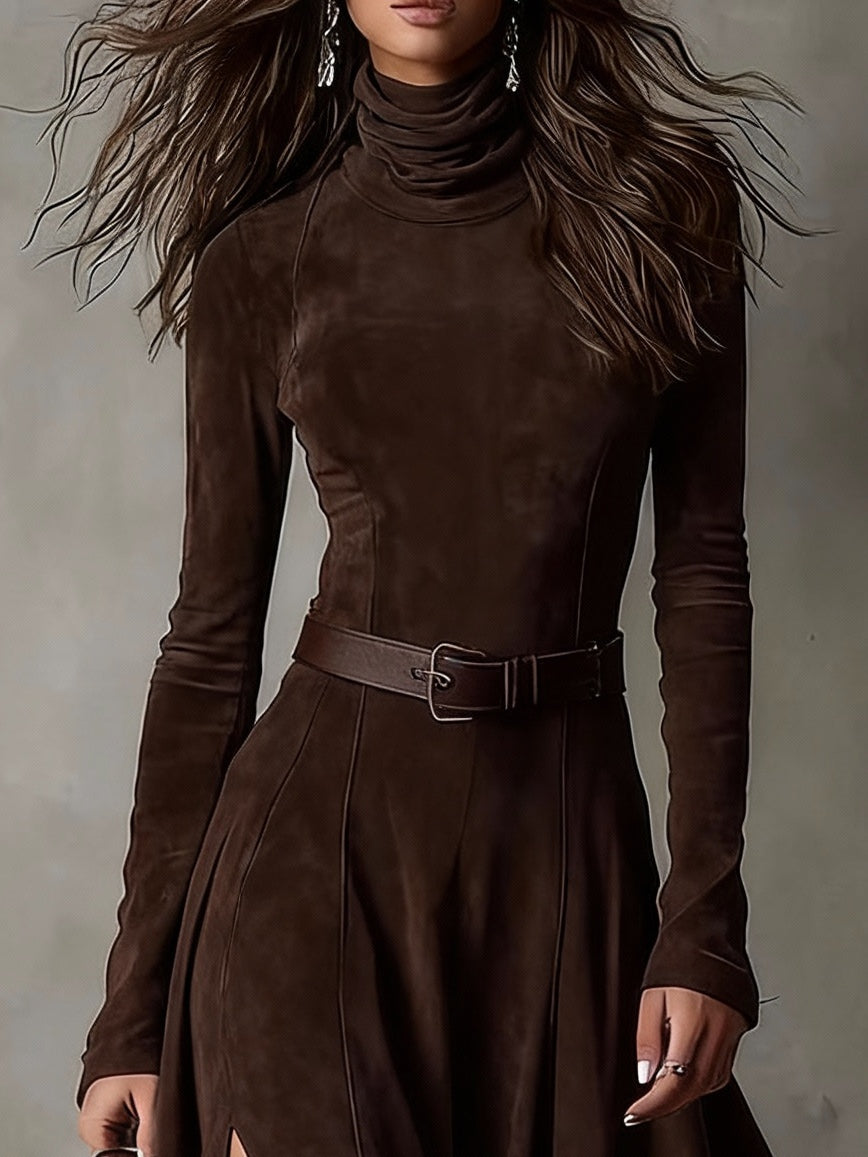 Vestido de Ante Sintético con Cuello Alto, Manga Larga y Elegante Abertura, Incluye Cinturón
