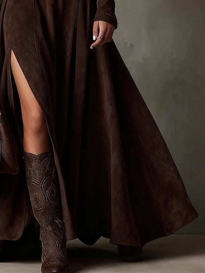 Vestido de Ante Sintético con Cuello Alto, Manga Larga y Elegante Abertura, Incluye Cinturón