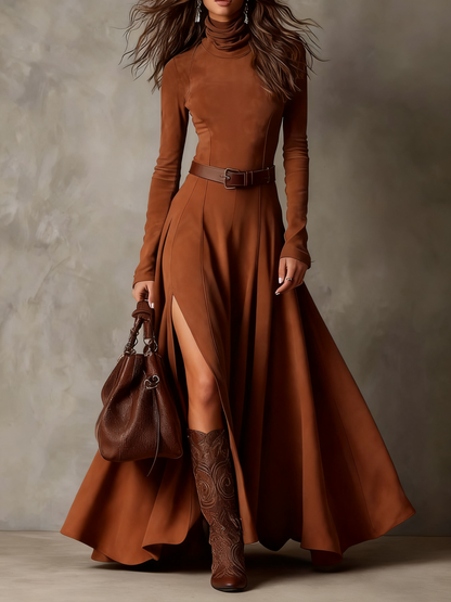 Vestido de Ante Sintético con Cuello Alto, Manga Larga y Elegante Abertura, Incluye Cinturón