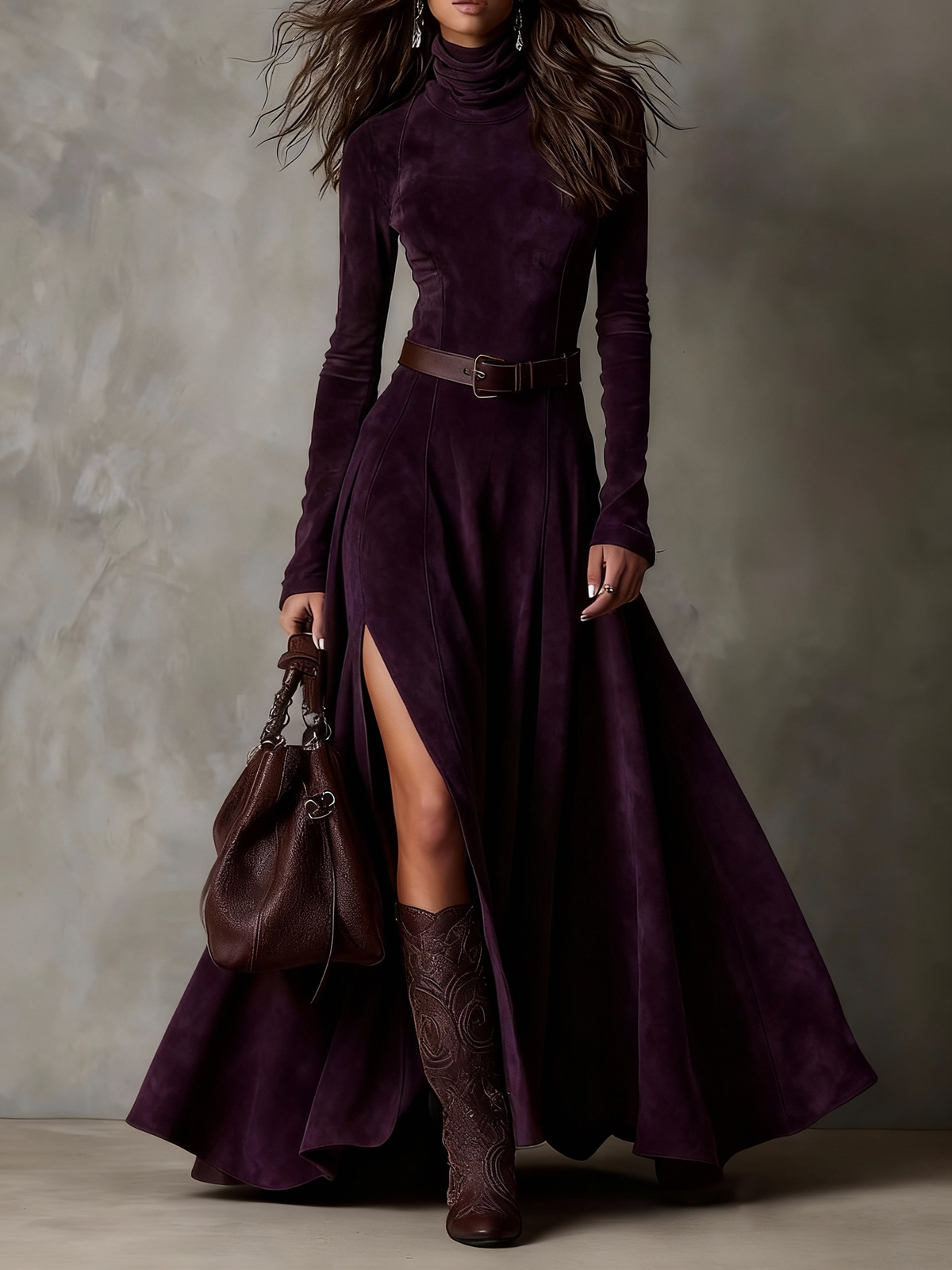 Vestido de Ante Sintético con Cuello Alto, Manga Larga y Elegante Abertura, Incluye Cinturón