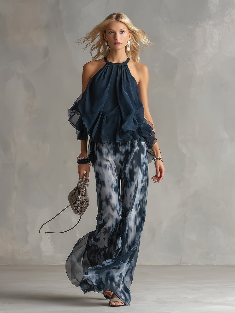 Luna | Sofisticado conjunto de gasa con top de cuello alto y pantalón palazzo estampado