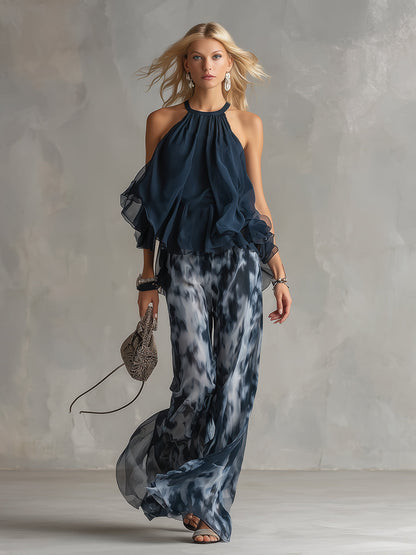 Luna | Sofisticado conjunto de gasa con top de cuello alto y pantalón palazzo estampado