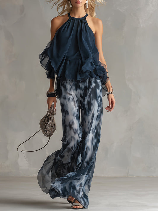 Luna | Sofisticado conjunto de gasa con top de cuello alto y pantalón palazzo estampado
